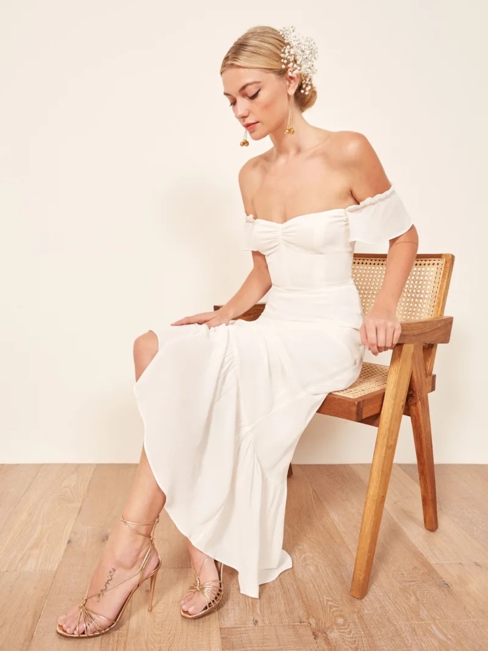 Reformation Butterfly Dress Ivory Off Shoulder Maxi Size 4